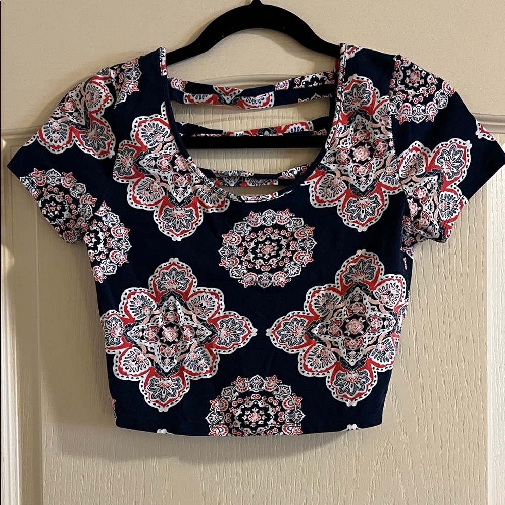Charlotte Russe Navy Floral Medallion Strappy Back Crop Top